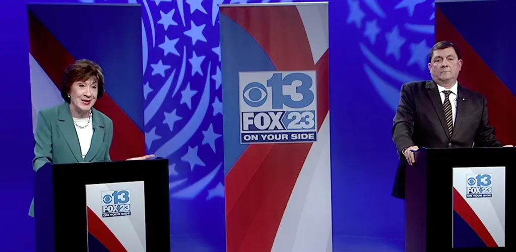 Senator Susan Collins and Troy Jackson at podiums during a televised debate.