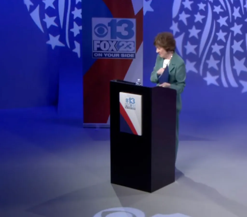 Senator Susan Collins at a podium during the CBS13/FOX23 U.S. Senate debate.