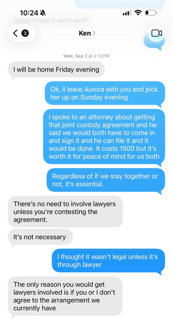 Screenshot of text messages between Gypsy Rose and Ken discussing a joint custody agreement.