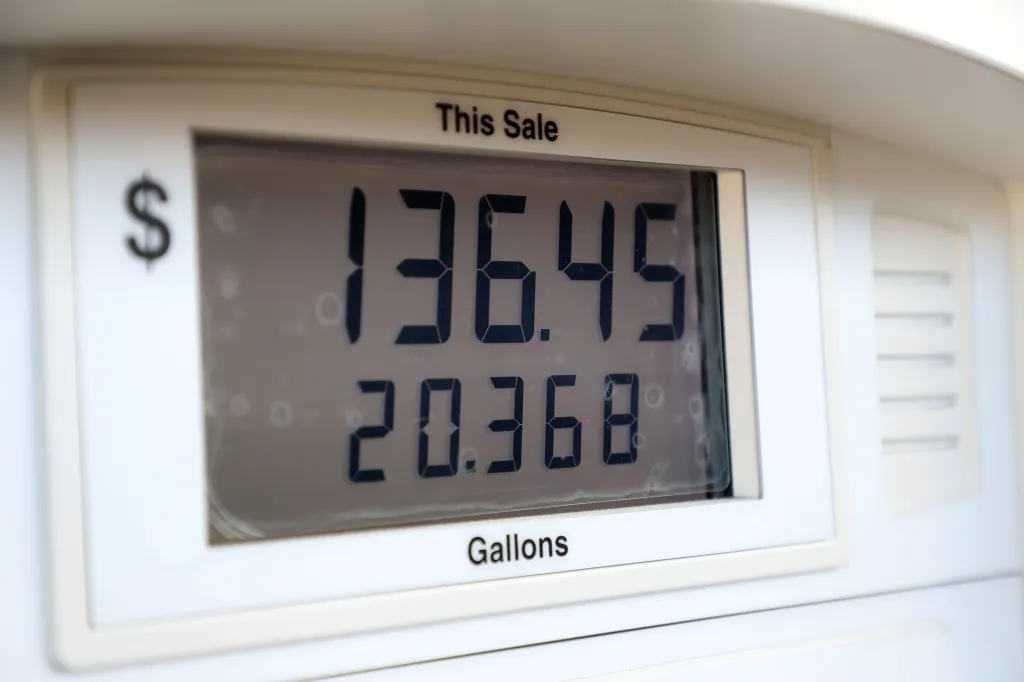 A gas pump digital display shows a total sale of $136.45 for 20.368 gallons of fuel.