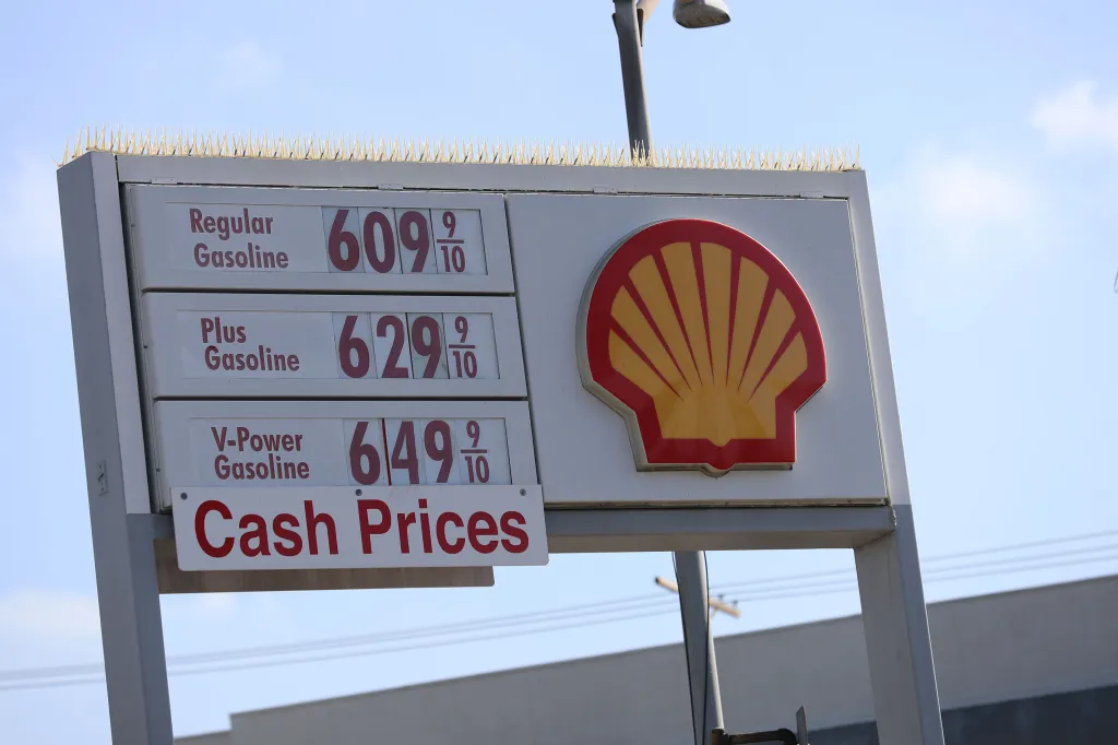 A Shell gas station sign displaying high prices for regular, plus, and V-Power gasoline in Los Angeles.