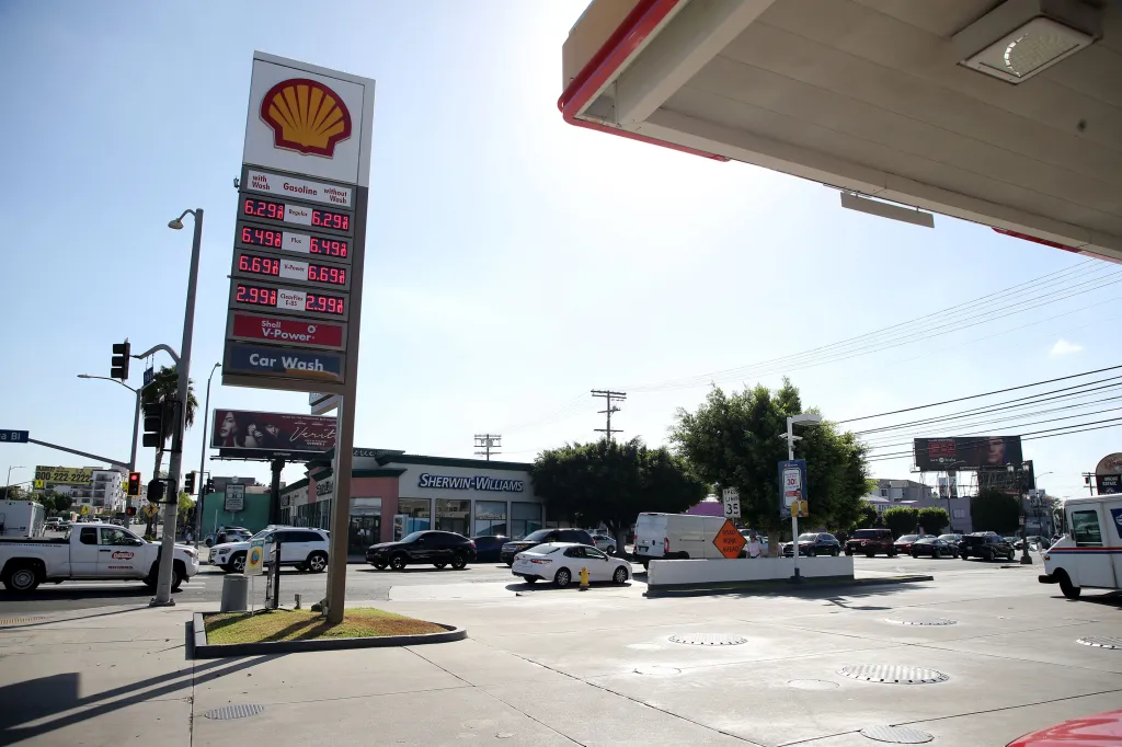 A Shell gas station sign displaying high fuel prices in Los Angeles, California.