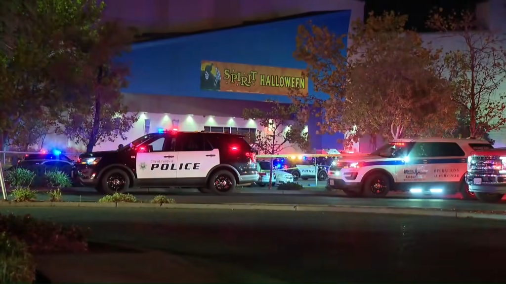 Police cars parked outside a Spirit Halloween store at Solano Town Center in Fairfield, California.