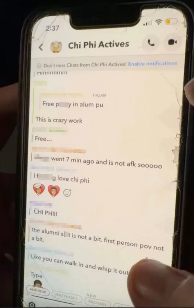 A smartphone displaying a blurred Snapchat group chat titled 