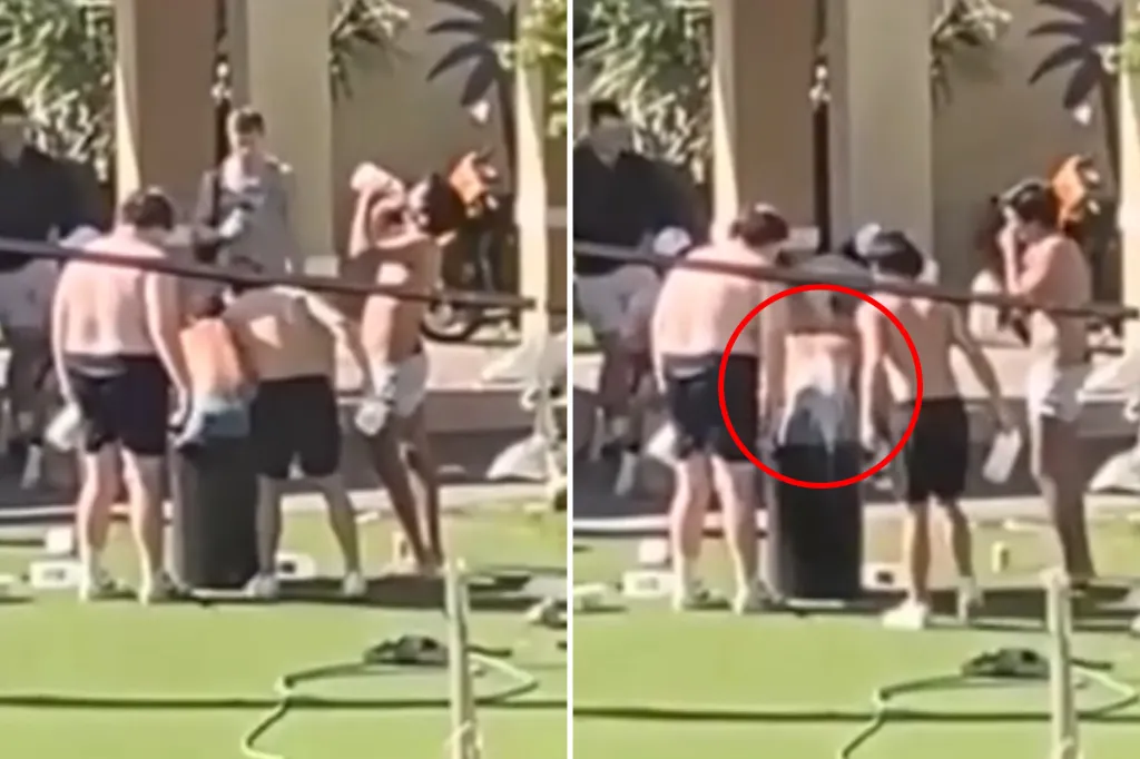 Collage of video stills showing members of the Sigma Alpha Epsilon fraternity at the University of Miami during an alleged hazing incident.