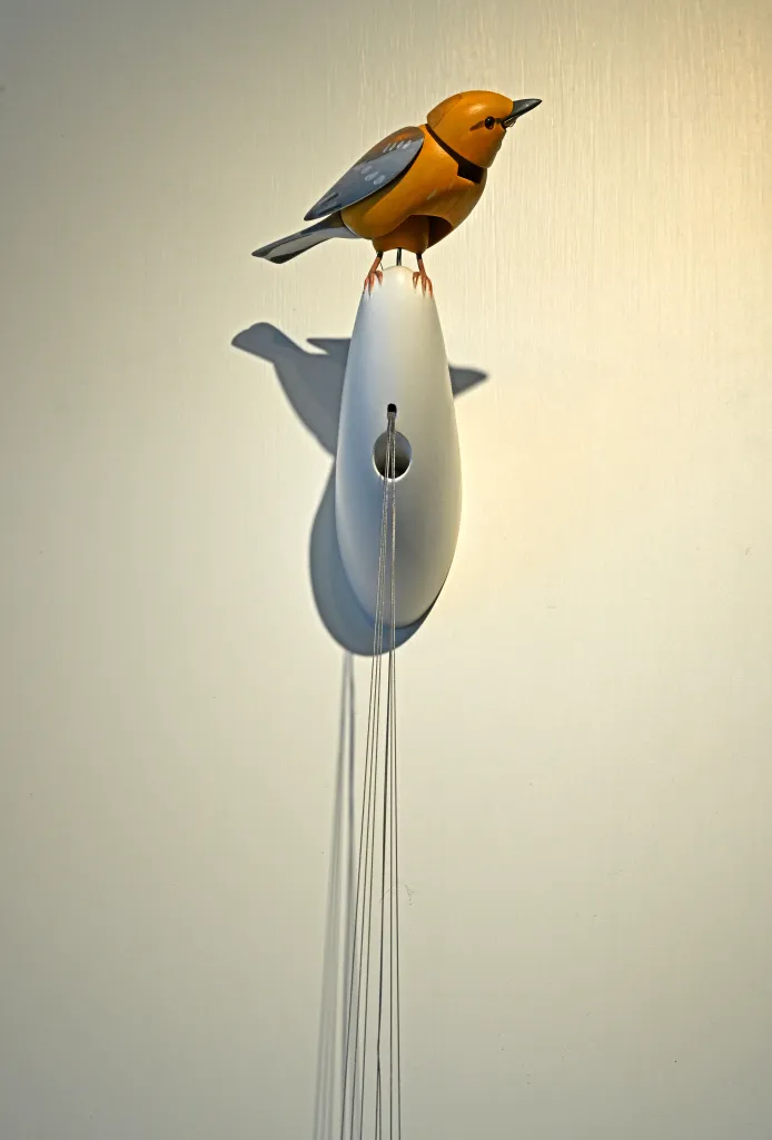 Singing bird automaton mounted on a wall.