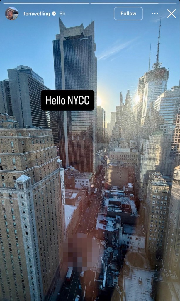 Tom Welling's Instagram story showing a view of New York City from a hotel window, with a blurred reflection at the bottom.