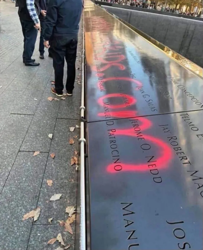 The 9/11 Memorial North Tower Reflecting Pool was vandalized on Oct. 26, 2026.