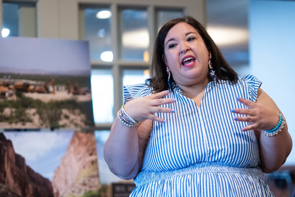 Texas Democratic congressional candidate Katy Padilla Stout speaks during a community update event.