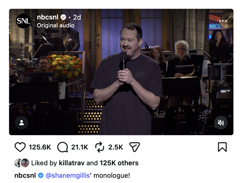 Screenshot of an Instagram post by nbcSNL featuring Shane Gillis's monologue, liked by killatrav.