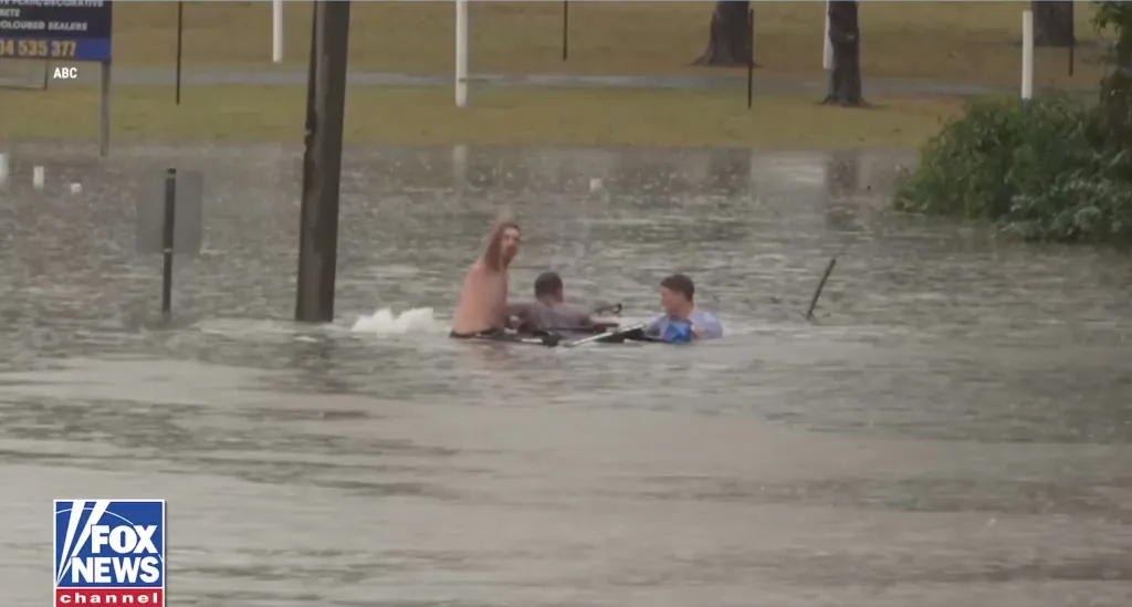 A bystander and a TV reporter rescuing a man from a sinking vehicle during a flood.