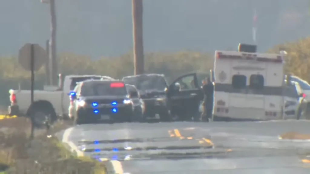 Emergency response vehicles, including police cars and an ambulance, at the scene of the helicopter collision near McMinnville Municipal Airport.