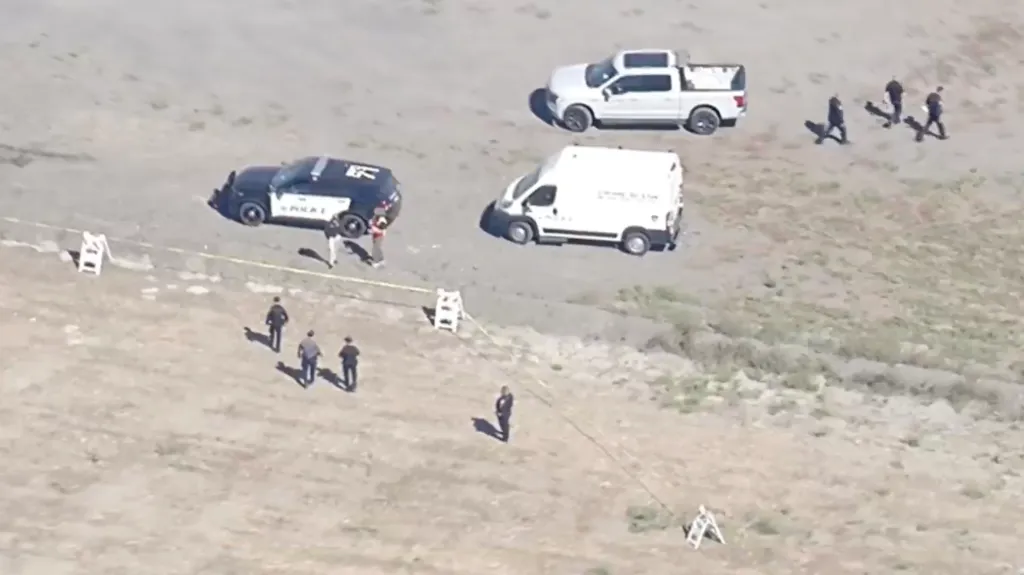 Aerial view of police and emergency vehicles at the scene of a small plane crash.