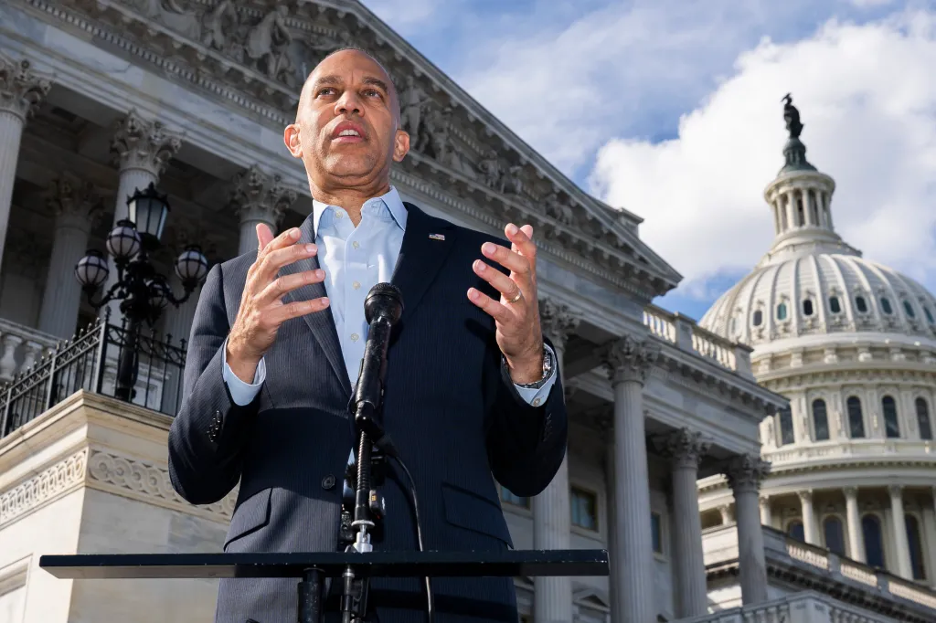 U.S. House Minority Leader Hakeem Jeffries speaks to the press on the steps of the U.S. Capitol.
