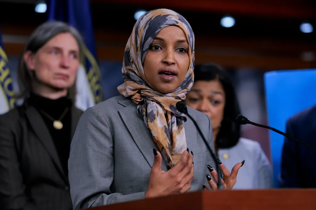 U.S. Rep. Ilhan Omar speaks at a press conference at the U.S. Capitol.