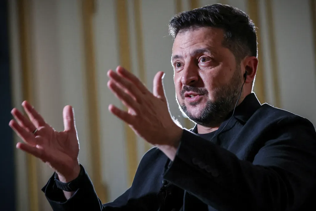 Ukrainian President Volodymyr Zelenskiy speaks during an interview in Kyiv.