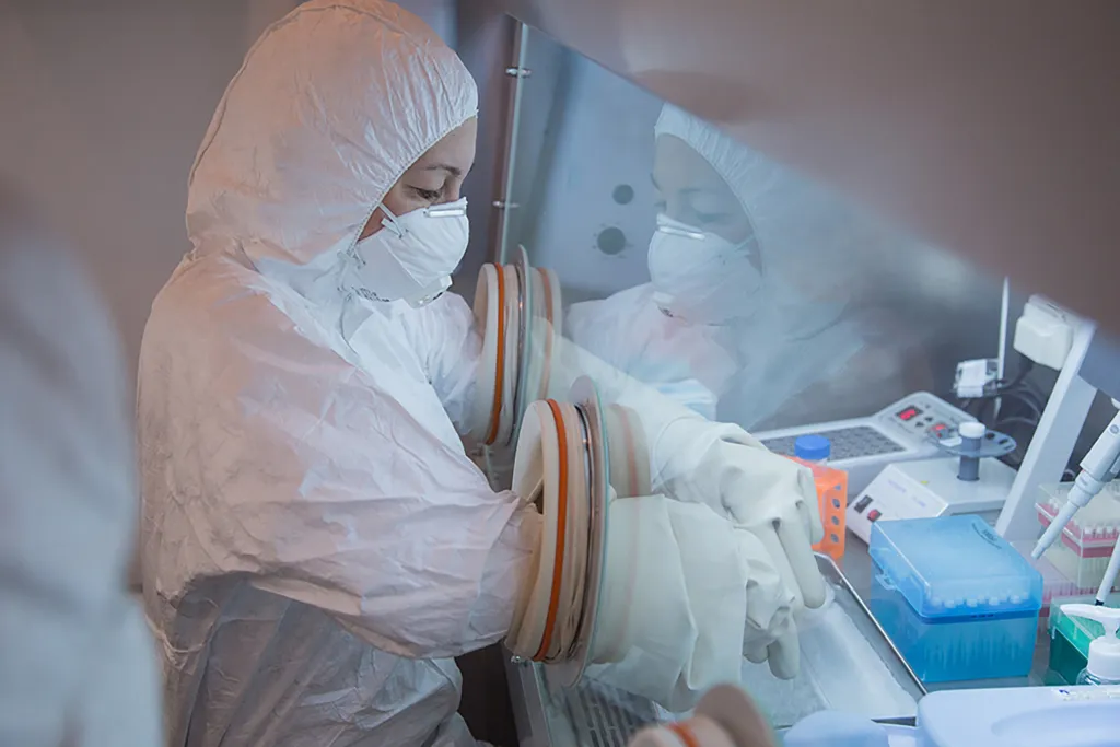 Specialists work in a laboratory as part of anti-epidemic measures.