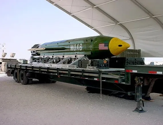 A GBU-43B, or massive ordnance air blast weapon, the US military's largest non-nuclear bomb, which contains 11 tons of explosives, is seen in an undated photo.