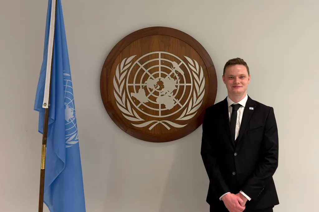 Daniel Jackson, the founder of the Free Republic of Verdis poses for a photo at the United Nations where he was honored with an award for sending aid to the Ivory Coast on Oct. 9, 2026.