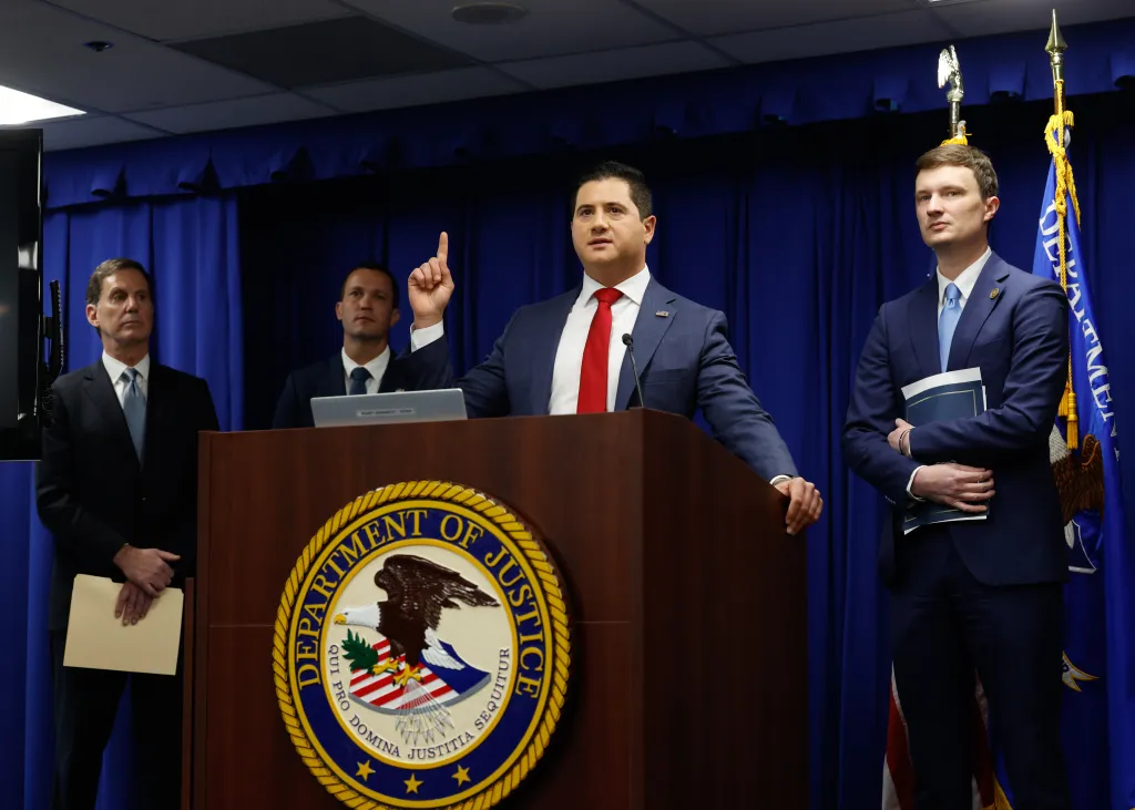 United States Attorney for the Central District of California Bill Essayli speaks at a press conference at the Los Angeles Federal Courthouse.