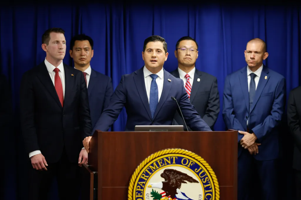 United States Attorney for the Central District of California Bill Essayli speaks at a press conference at the old Los Angeles Federal Courthouse.