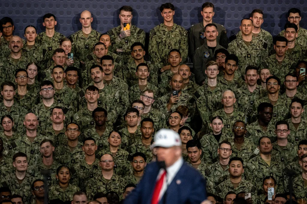 President Donald Trump delivering a speech to U.S. Navy personnel.