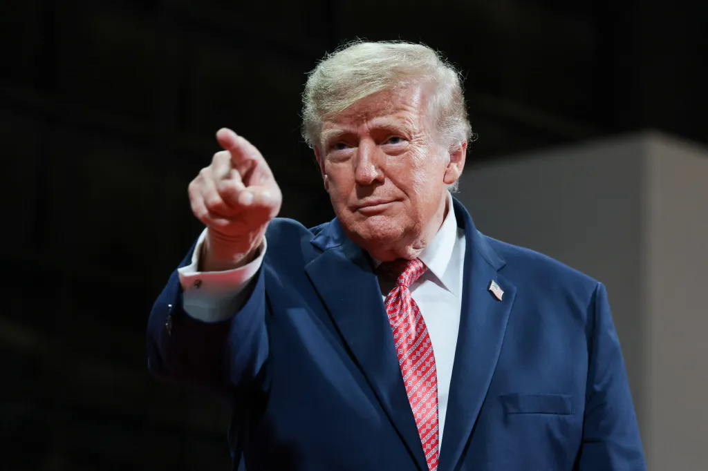 President Trump gestures during a rally in support of Republican US Senate reelection candidate Roger Marshall in Park City, Kansas, on Tuesday.