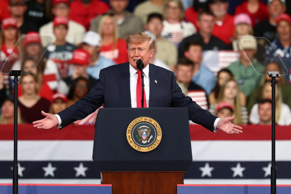 U.S. President Donald Trump speaks during a rally at Guardian Centers in Perry, Georgia.