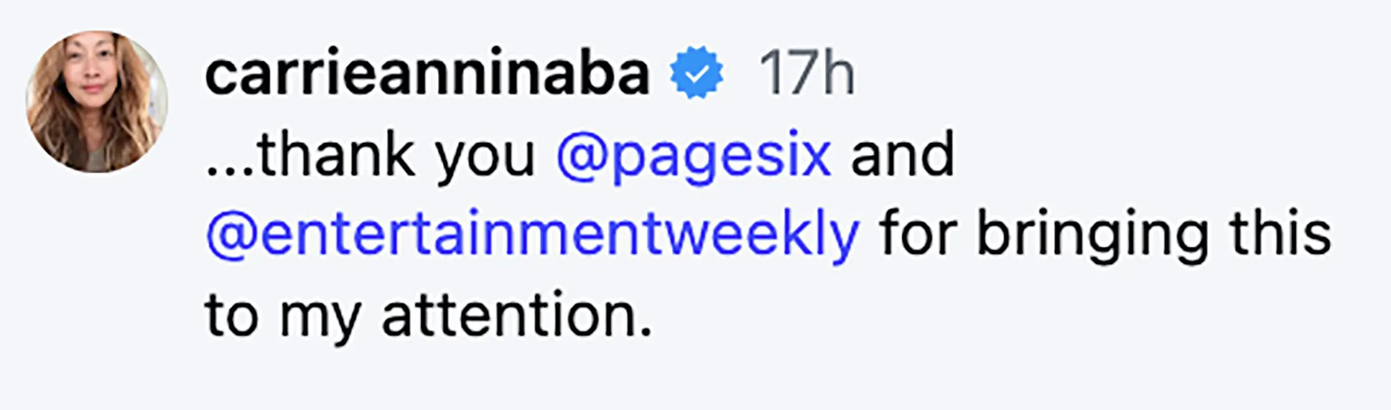 A screenshot of a social media post by Carrie Ann Inaba thanking Page Six and Entertainment Weekly.