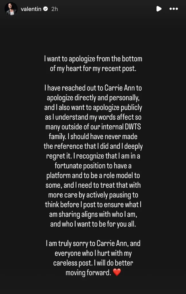 Screenshot of Val Chmerkovskiy's Instagram story statement apologizing to Carrie Ann Inaba.