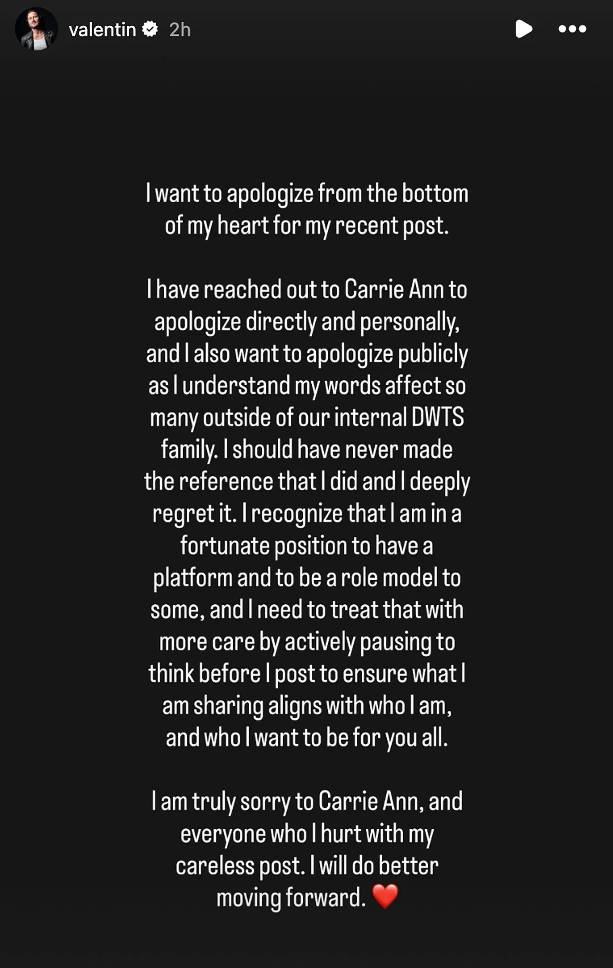 Screenshot of an Instagram Story by Valentin Chmerkovskiy containing an apology to Carrie Ann Inaba for a recent post.
