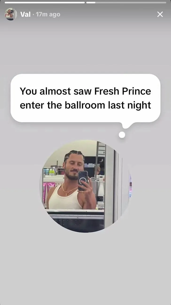 Val Chmerkovskiy's Instagram story with text reading, 