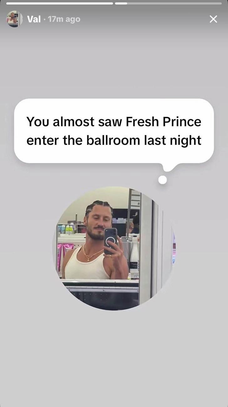 Val Chmerkovskiy's Instagram story with text reading, 