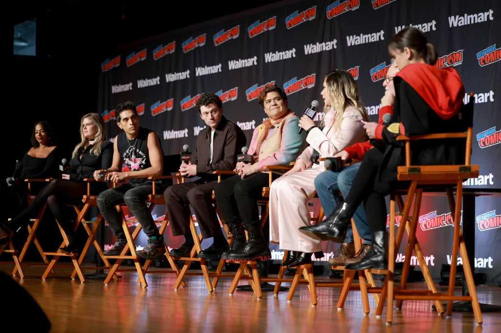 Panelists Vivian Nichole Nixon, Erica Lindbeck, Brandon Rogers, Bryce Pinkham, Harvey Guillén, Vivienne Medrano, Richard Steven Horvitz, and Perri Nemiroff speak at a Q&A and screening event.