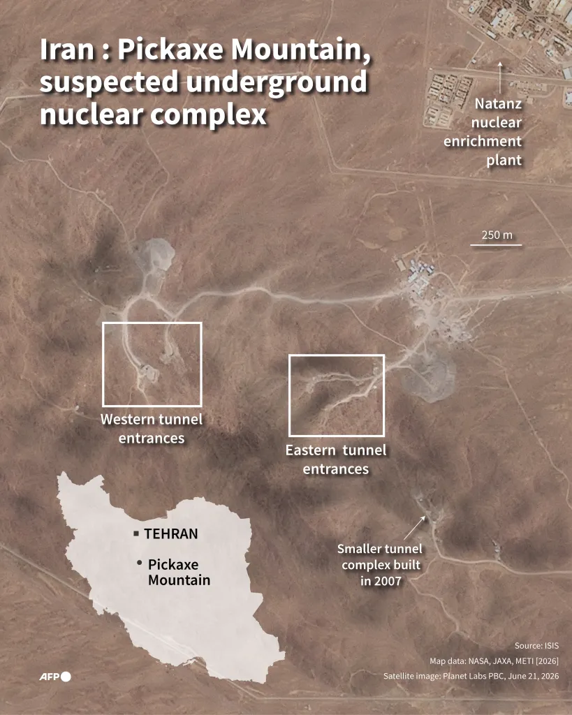 A satellite image shows the Pickaxe Mountain site, also known as Mount Kolang, near the Natanz nuclear facilities, on July 24, 2026.