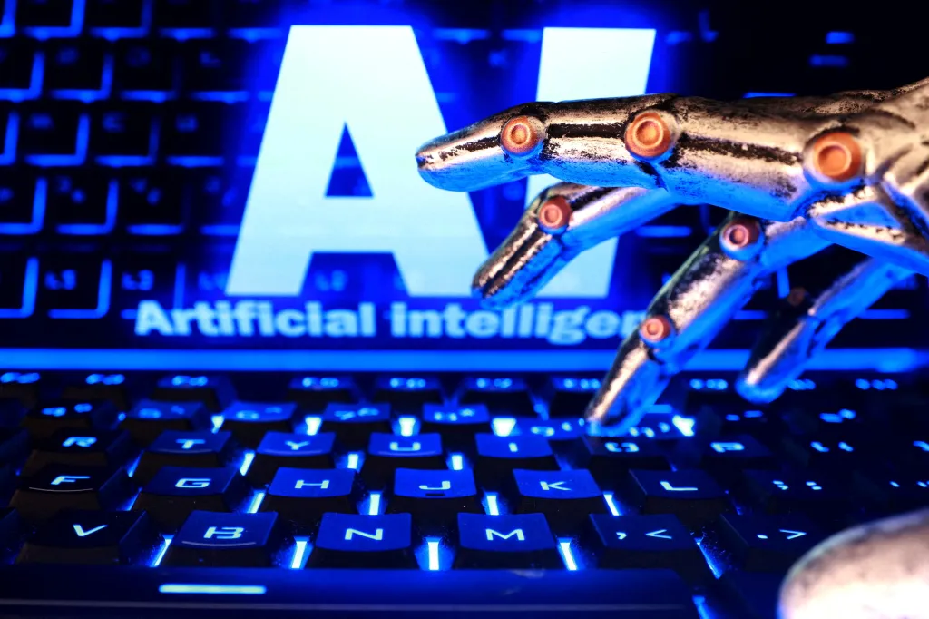 Illustration of a robotic hand typing on a glowing keyboard with the words 