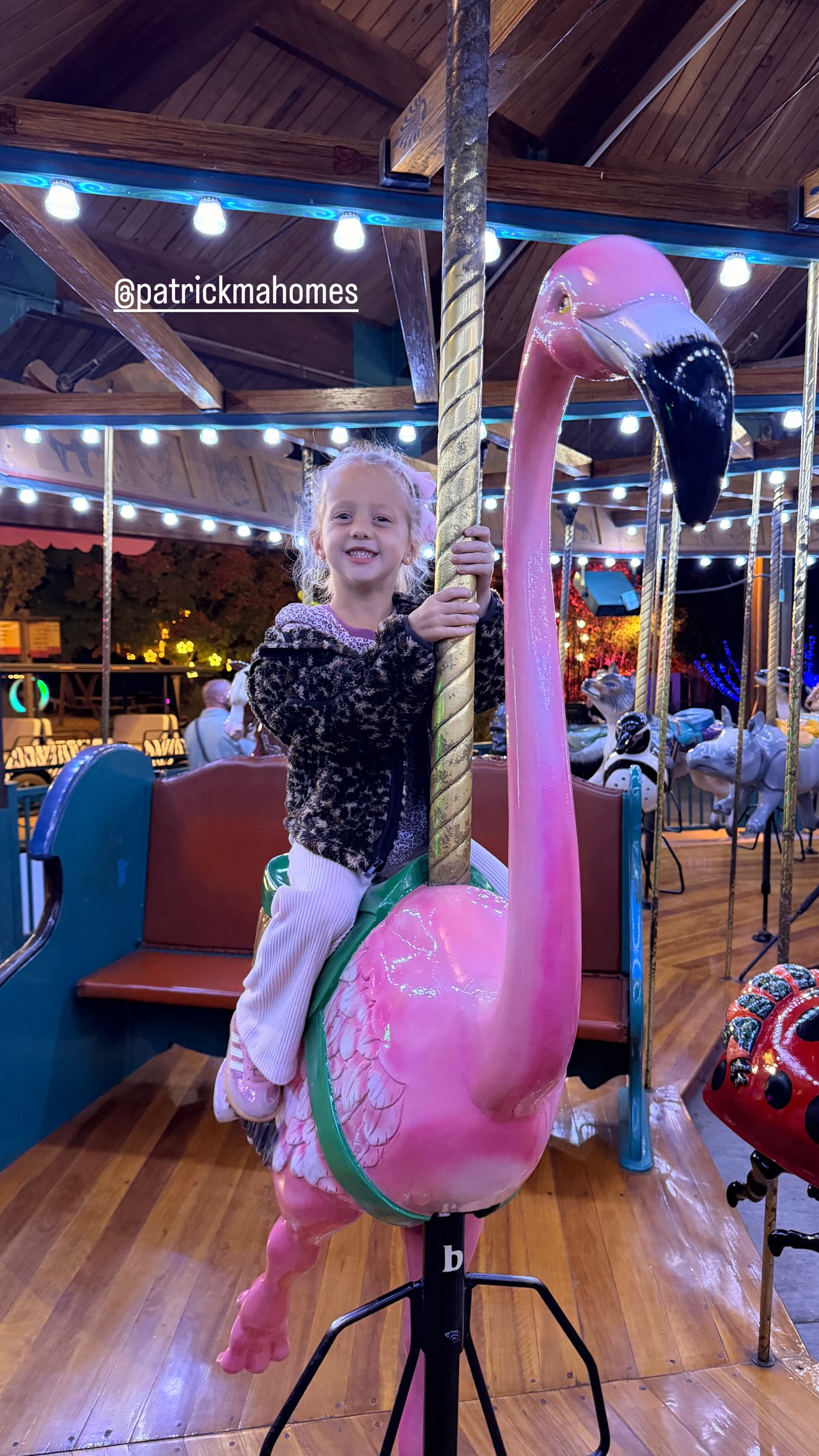 Sterling smiling while riding a pink flamingo on a carousel.