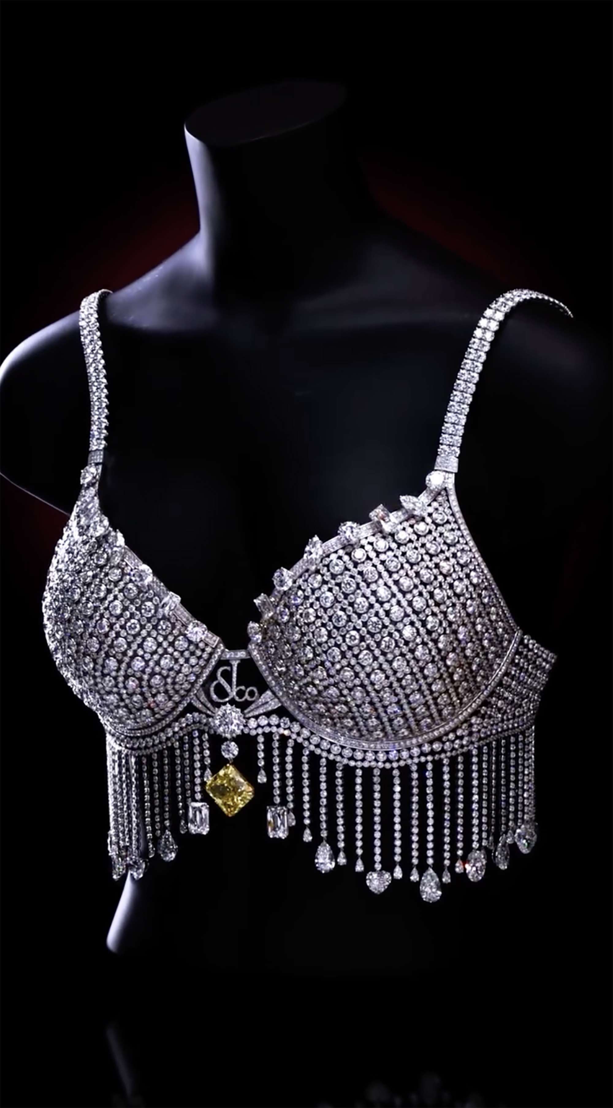 The $50M Fantasy Bra on a black mannequin.