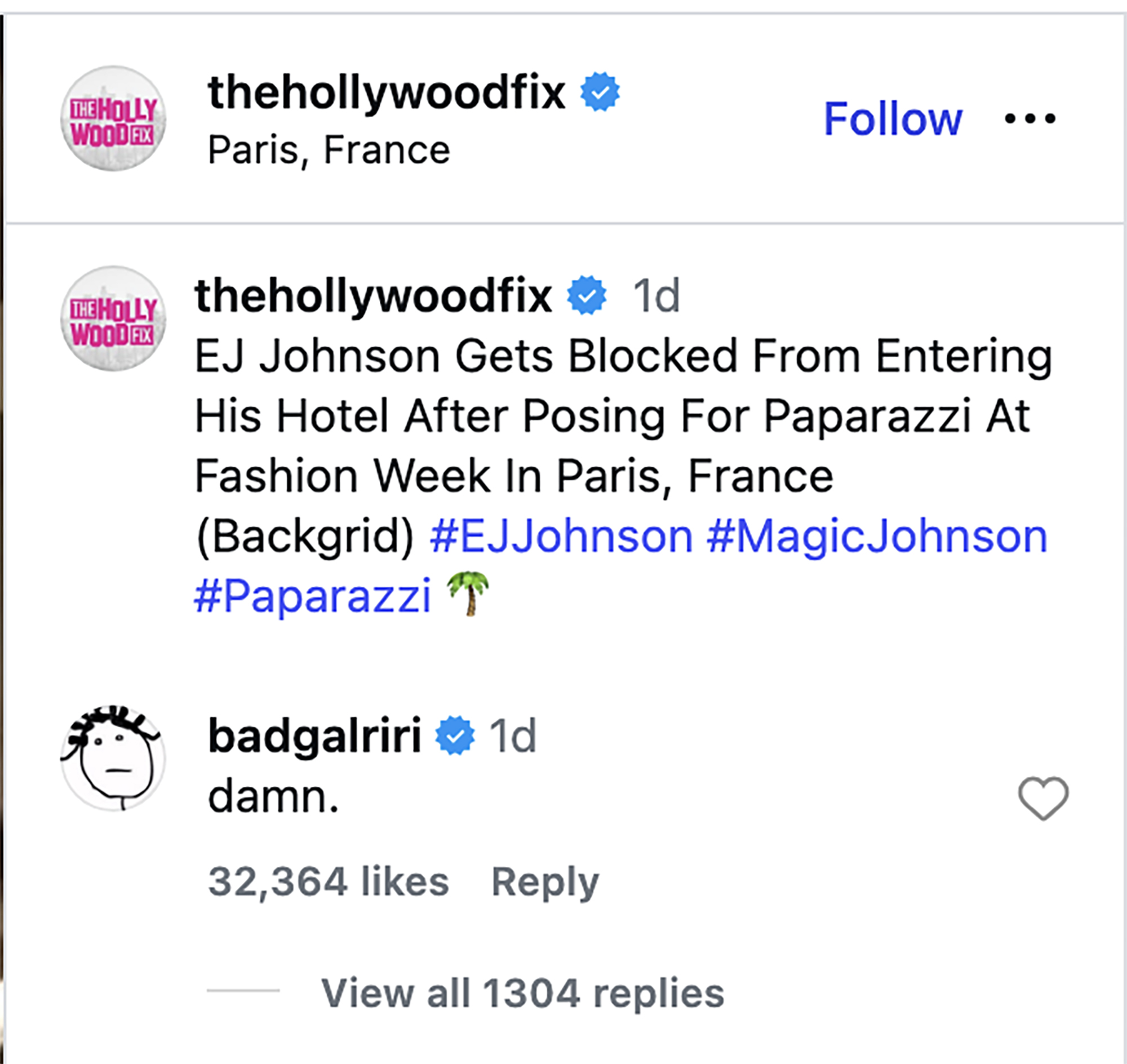 Screenshot of an Instagram post by thehollywoodfix reporting on EJ Johnson, with a reply from user badgalriri saying 