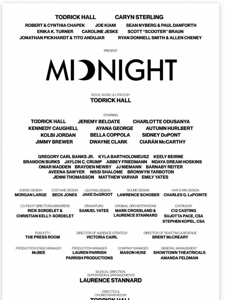 Playbill page for the musical MIDNIGHT, listing Todrick Hall and Caryn Sterling as producers, Todrick Hall as book, music, and lyrics writer, and starring Todrick Hall, Jeremy Beloate, Charlotte Odusanya, and others.