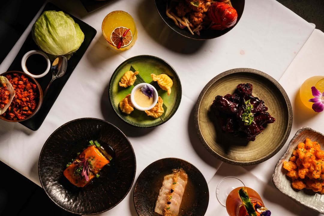 Top-down view of a spread of various gourmet dishes, including dumplings, meat, seafood, and cocktails, arranged on a table.