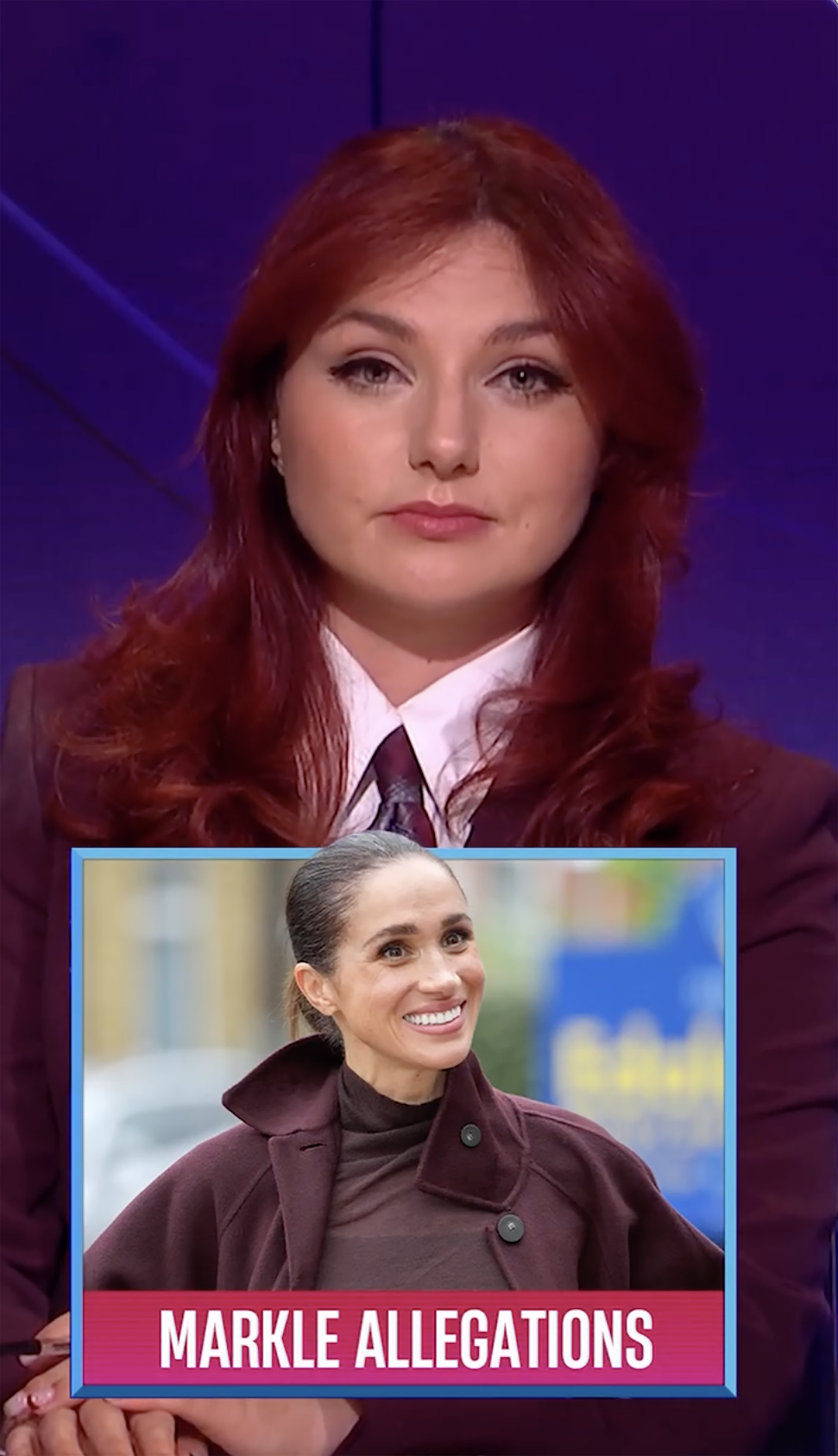 A red-haired woman on an SNL UK sketch with an inset photo of Meghan Markle and the caption