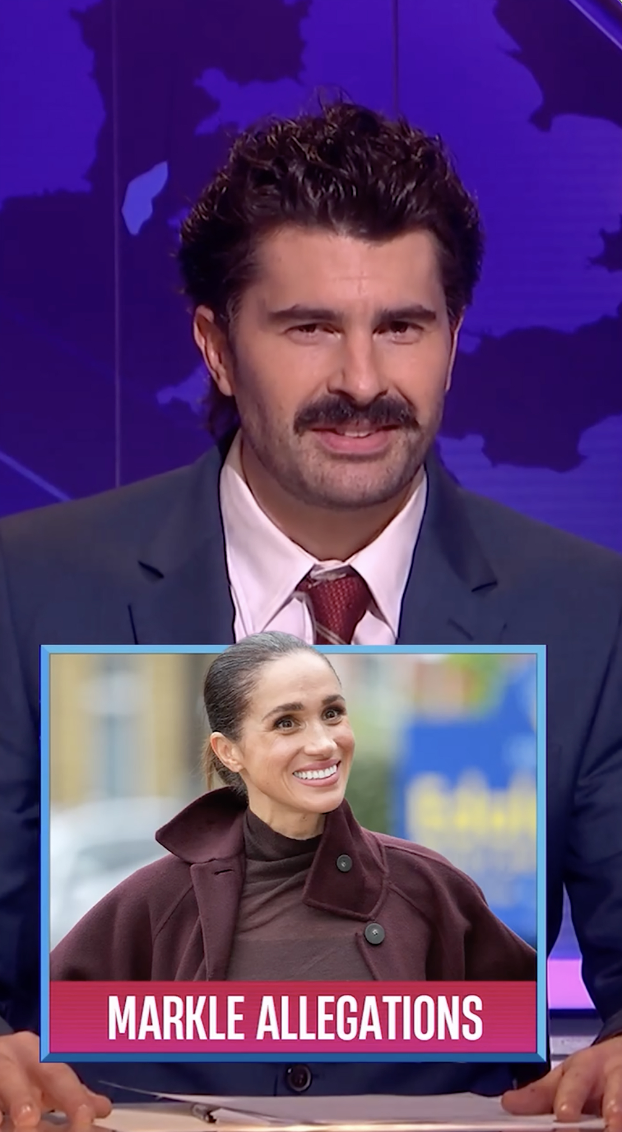 Collage featuring a man with a mustache in a suit in front of a blue background, and an inset image of Meghan Markle with the text