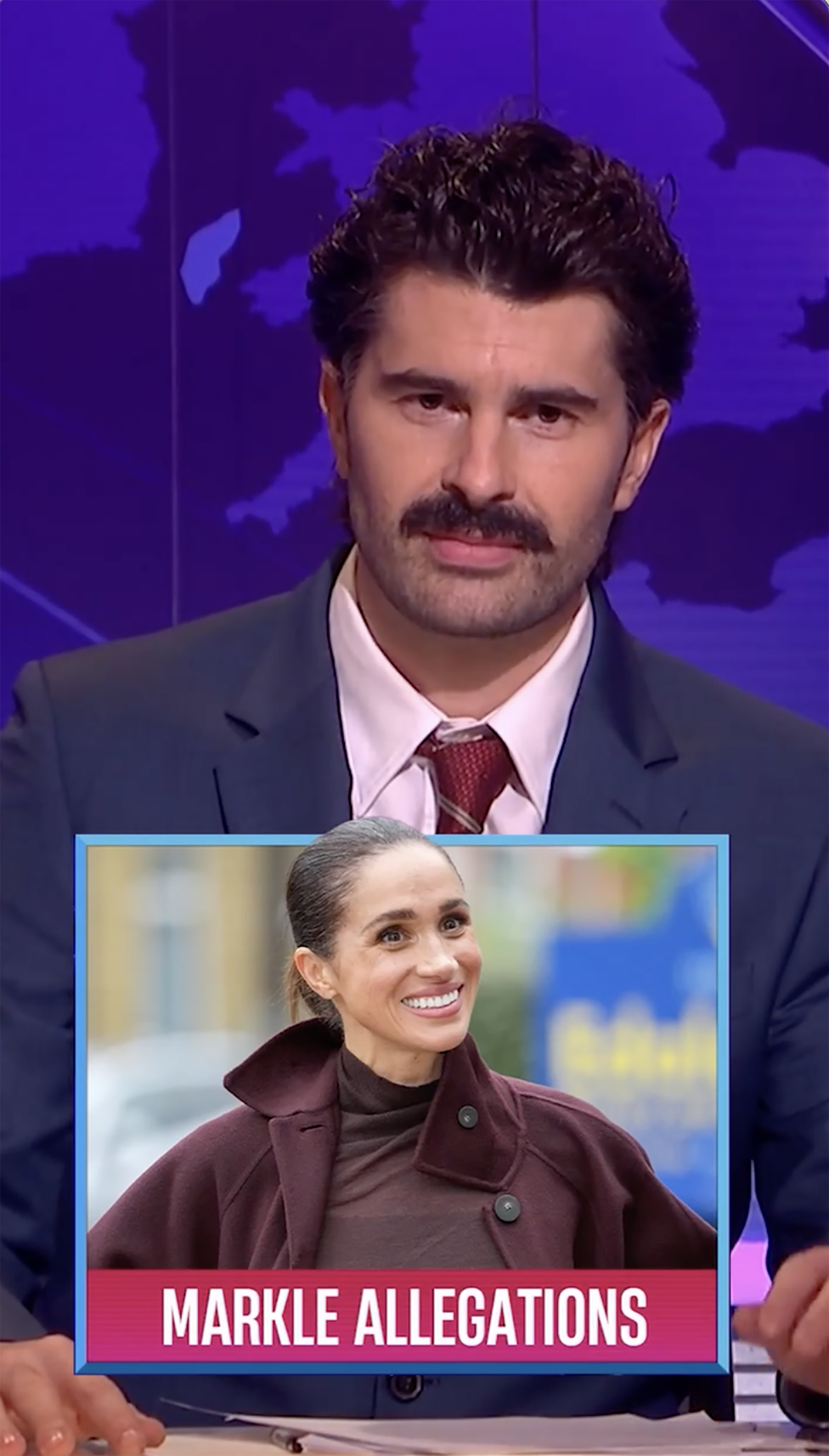 A man with a mustache in a suit with an inset image of Meghan Markle and the text