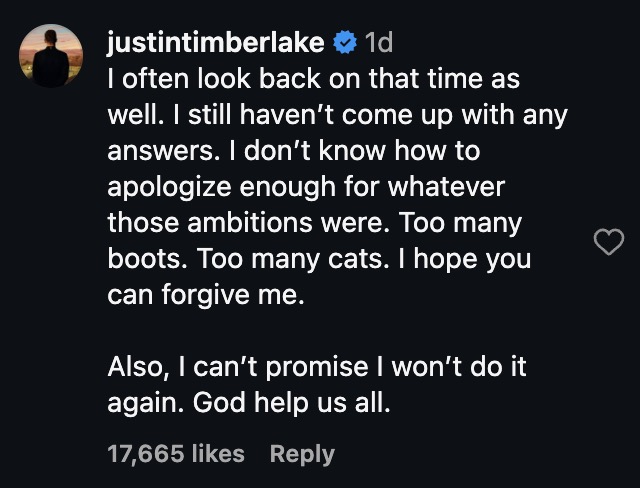 A social media comment from Justin Timberlake about beatboxing eras, stating, 