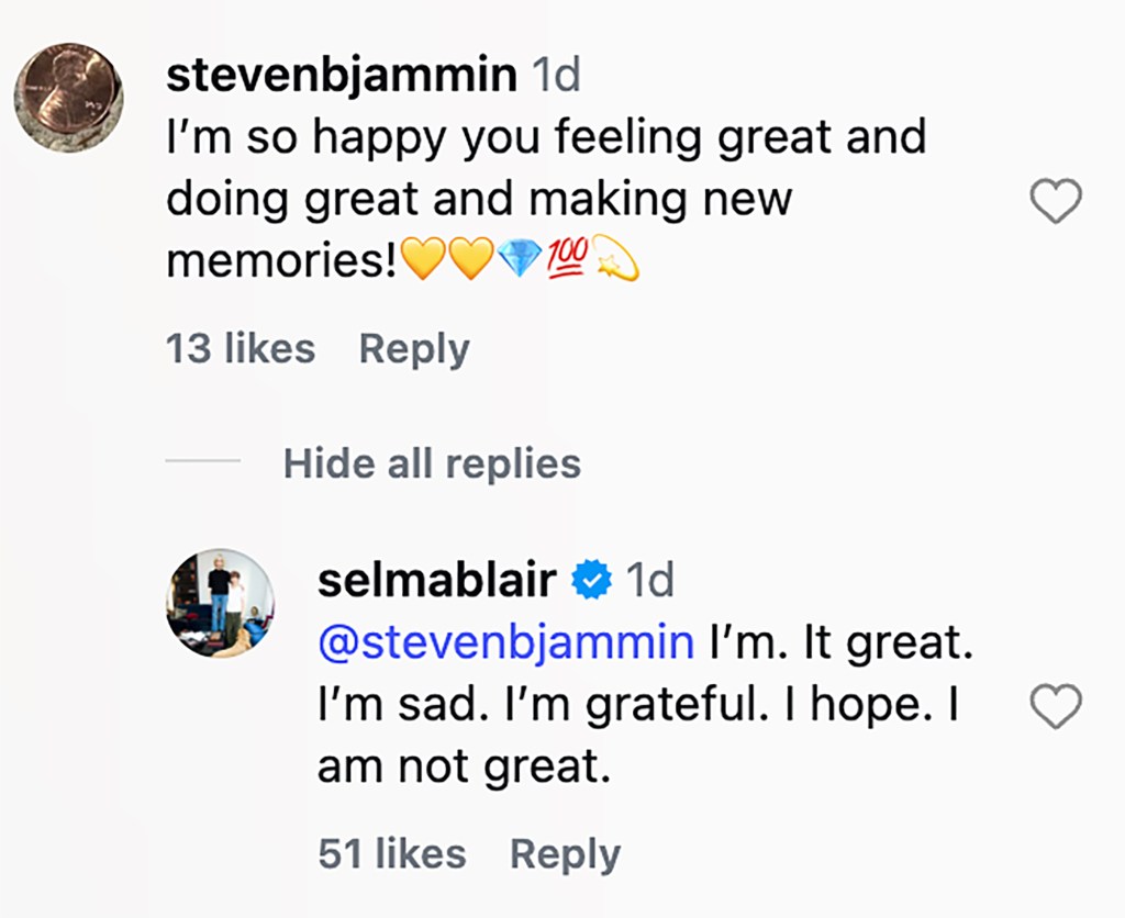 Screenshot of an Instagram comment thread showing a supportive message from a user and Selma Blair's reply expressing complex emotions.