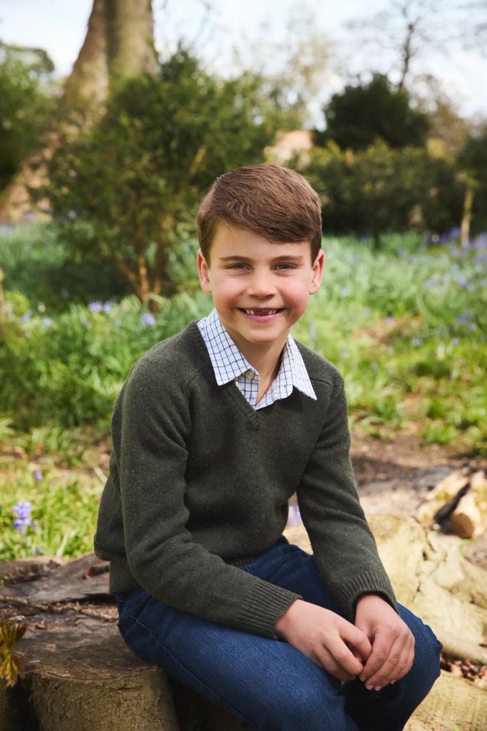 Prince Louis smiling while sitting outdoors in a garden wearing a green sweater and checkered shirt.