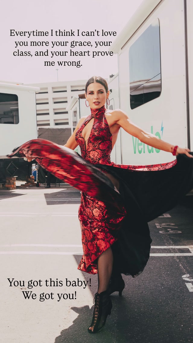 Jenna Dewan in a red and black dress dancing outside, with supportive text overlay from her fiancé.