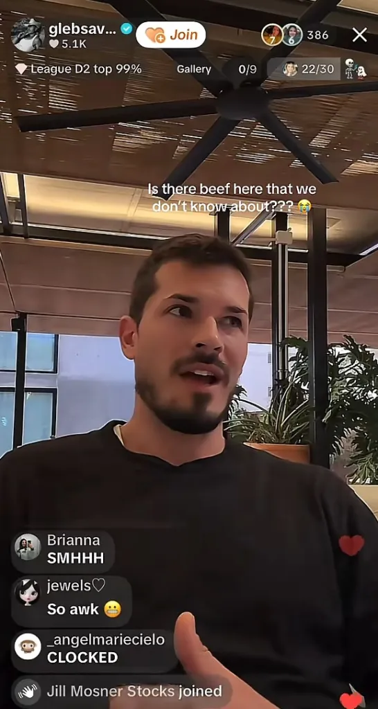 Screenshot of a TikTok live stream featuring Gleb Savchenko speaking outdoors with viewer comments visible.