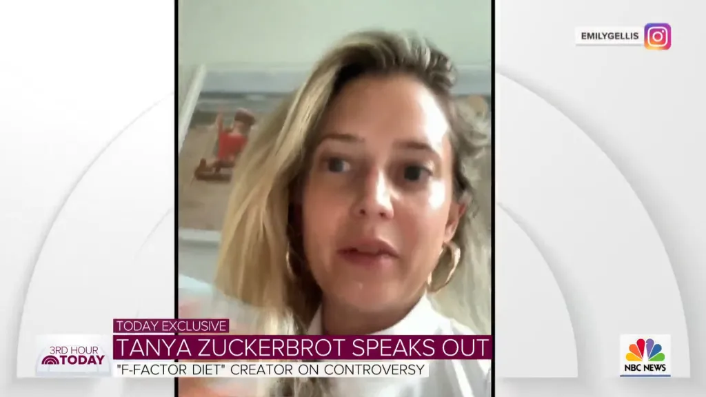 A screenshot of a video interview with Tanya Zuckerbrot, founder of the F-Factor diet, speaking on the 